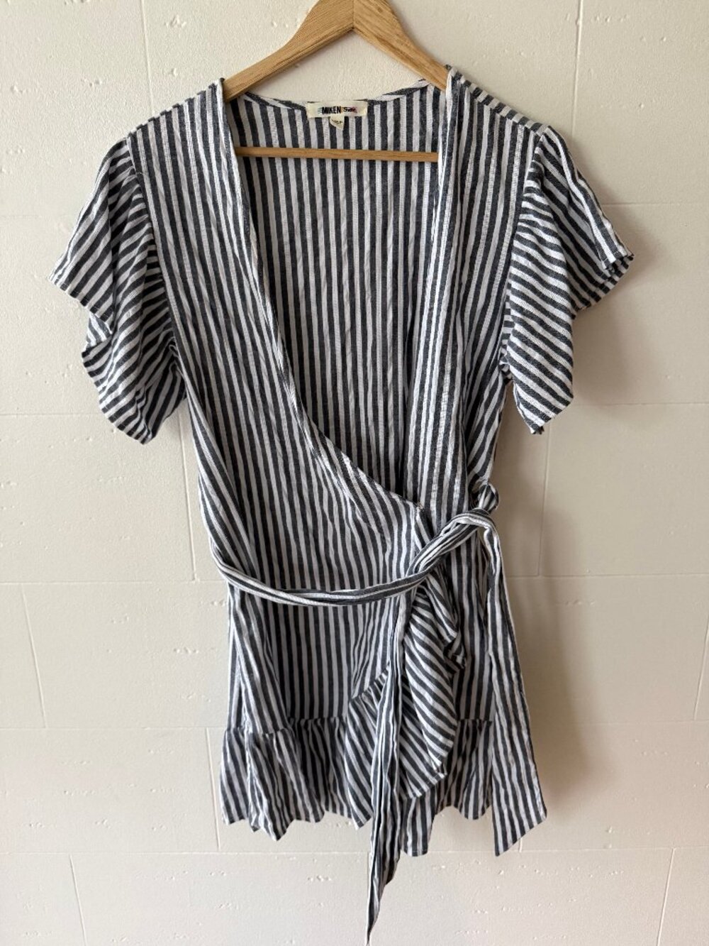 Miken | Striped Grey White Wrap Cotton Swim Coverup | Small